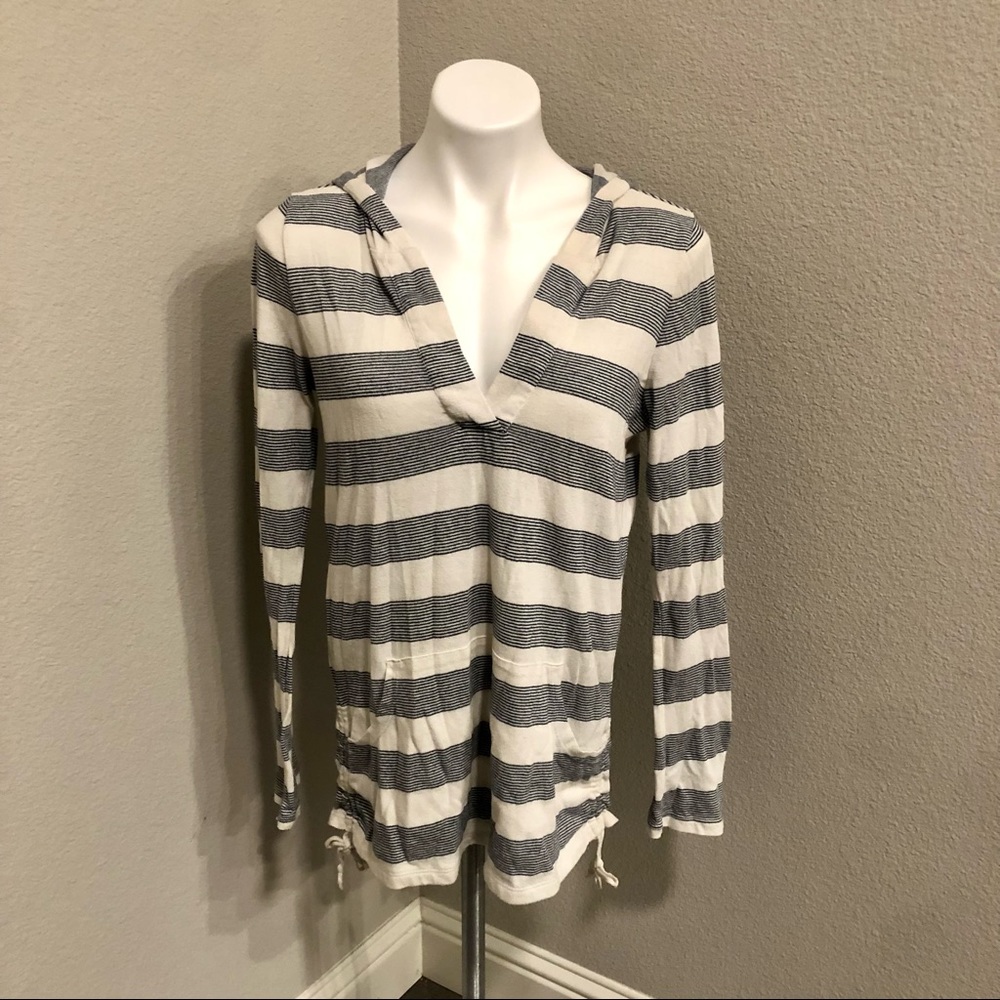 Roxy Hooded V-Neck White/Blue Striped Long Sleeve Kangeroo Pocket Sweater -Sz XL